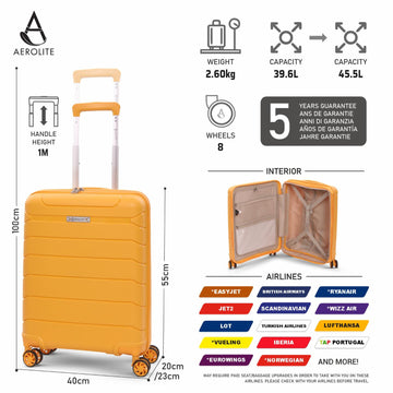 Aerolite Premium PP Expandable Cabin Suitcase 55x40x20cm to 55x40x23cm, Ryanair & Wizz Air Priority Max Size, Lightweight Polypropylene Hard Shell Carry-On with 4 dual spinner Wheels & TSA Lock - Mango
